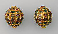 Bead, One of a Pair, Gold, emerald, ruby, and/or garnet